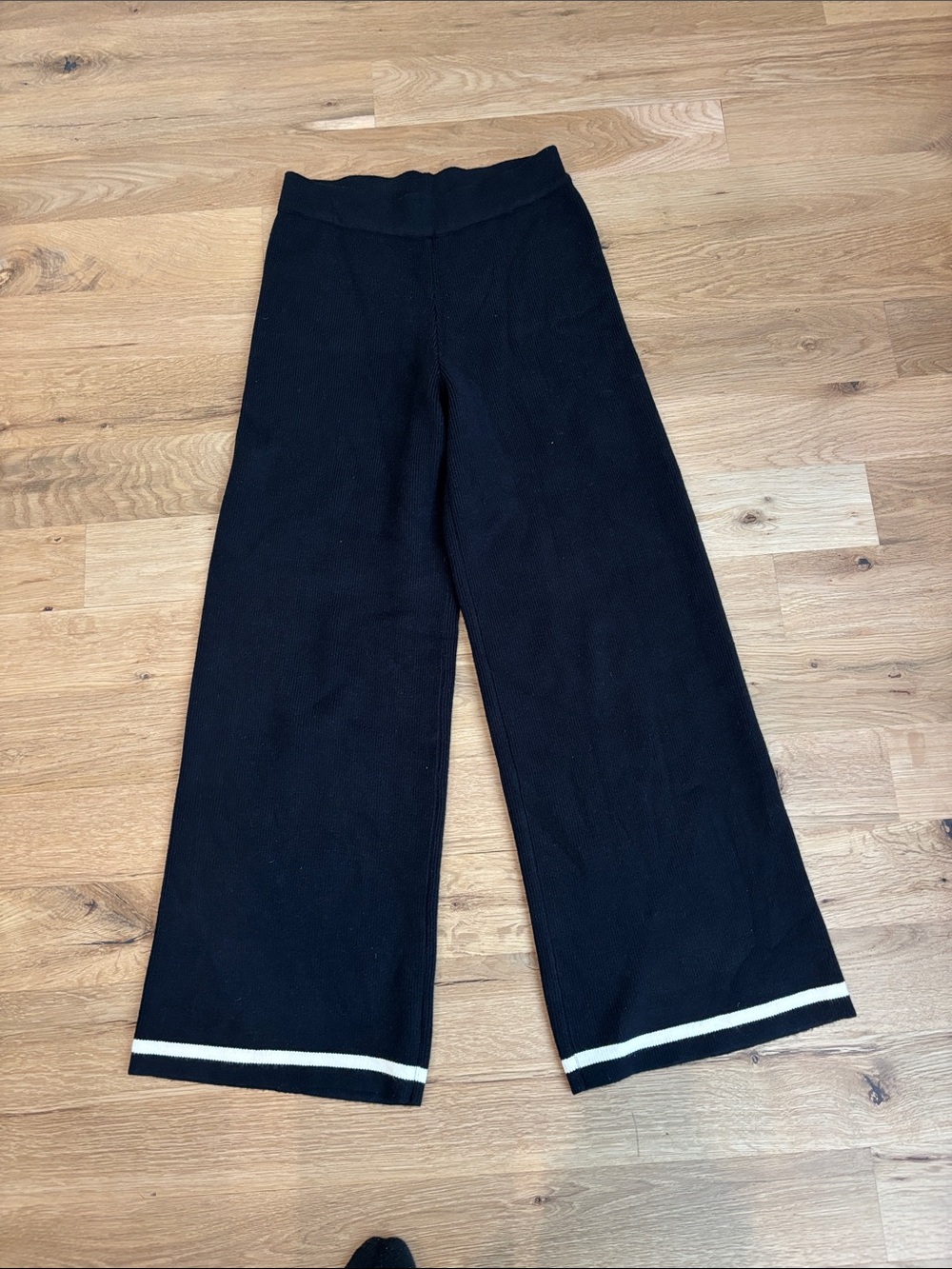 English Factory Black Wide-Leg Kids Leggings with White Hem Stripe
